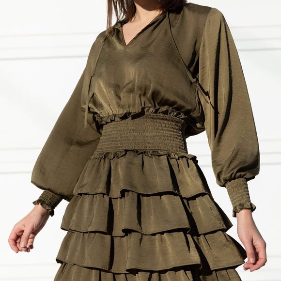 SEED HERITAGE Khaki Green Tiered Frill Long Sleeve Mini Dress - Picture 9 of 13